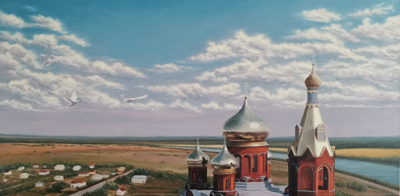 Картина маслом "Купола Храма Рождества Христова" художник Елена Истомина