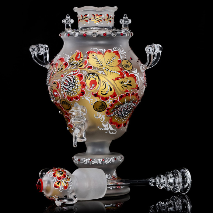 Самовар-медовница из стекла "Красно солнышко" со стразами Swarovski, Хохлома