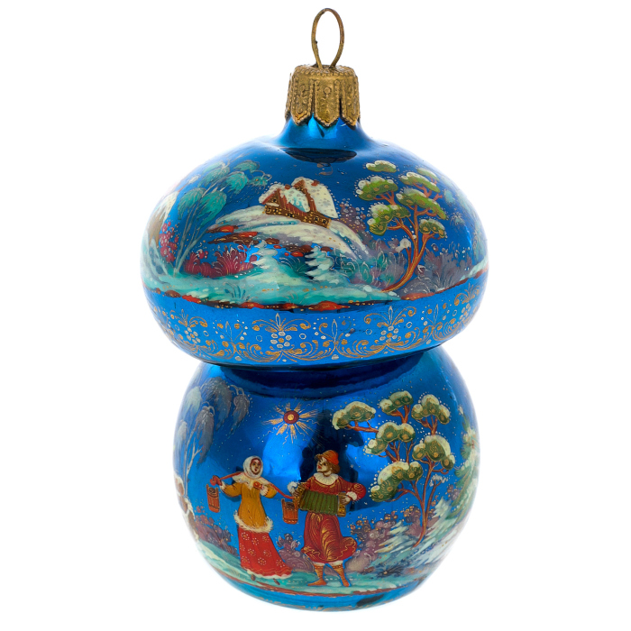 Ёлочный шар "Грибок" синий, Палех