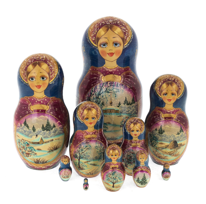 Матрешка на 10 мест "Домик Есенина. Зима" 25 см