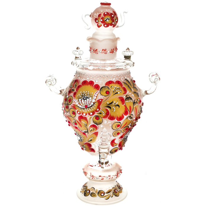 Самовар-медовница из стекла "Красно солнышко" со стразами Swarovski, Хохлома