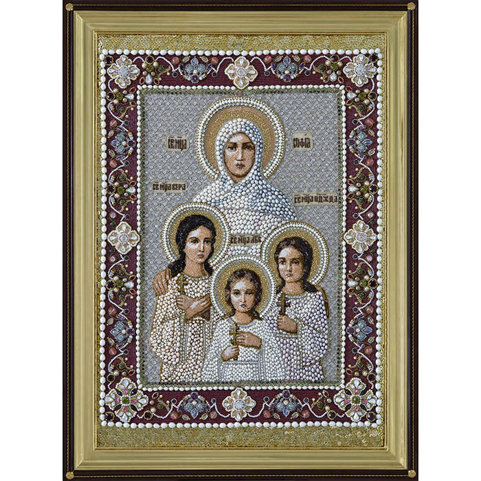 Вышитая икона "Мученицы Вера, Надежда, Любовь и мать их София" в раме и киоте