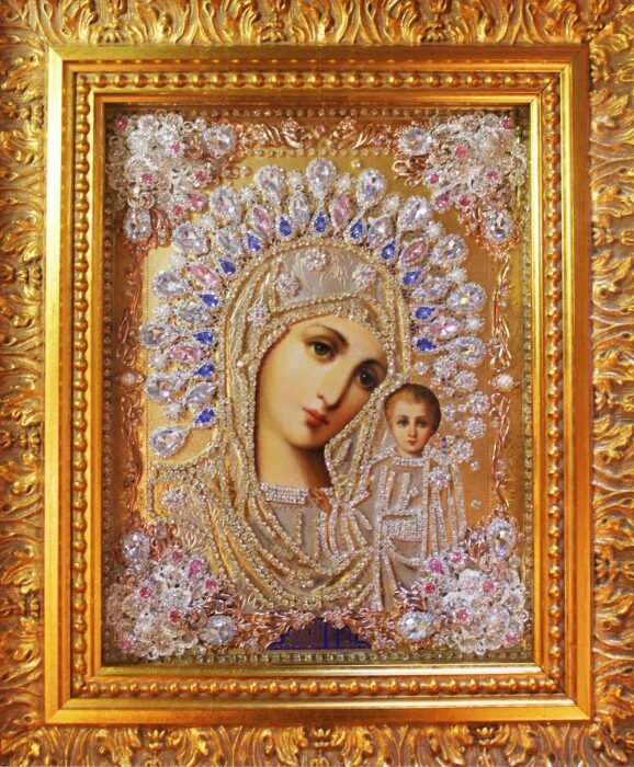 Икона с драгоценными камнями "Казанская Богоматерь" с цитринами позолоченная