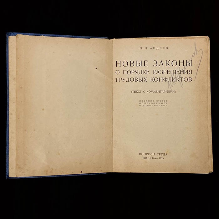 Книга «Новые законы о порядке разрешения трудовых конфликтов». Авдеев П.Н., Москва, Издательство «Вопросы труда», 1929 год