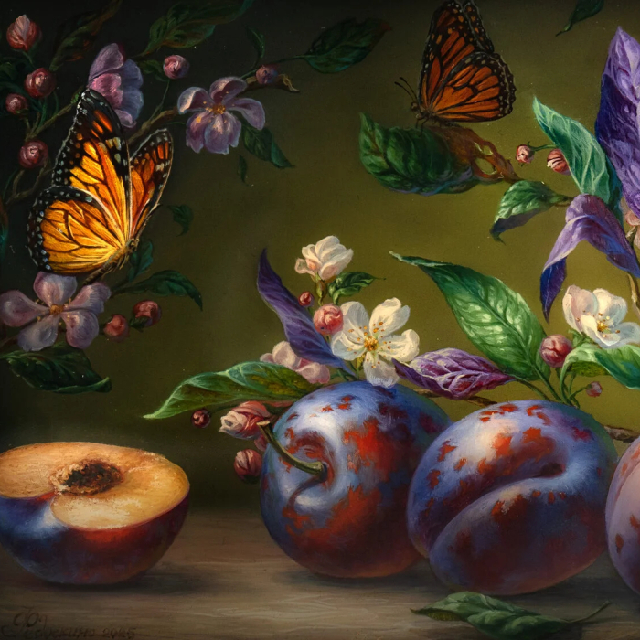 Шкатулка "Сливы и бабочки" Тюрина, Федоскино