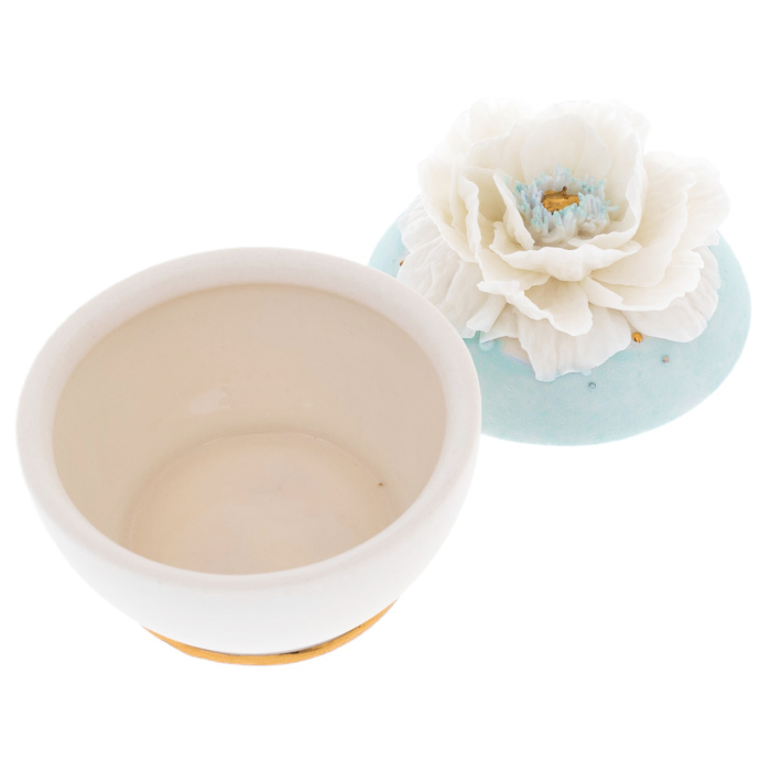 Шкатулка "Букет" с белым маком, бело-голубая, средняя