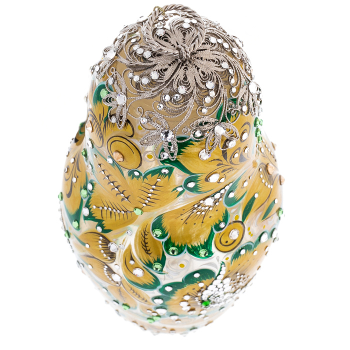 Матрешка-медовница из стекла "Золотой изумруд" со стразами Swarovski, Хохлома