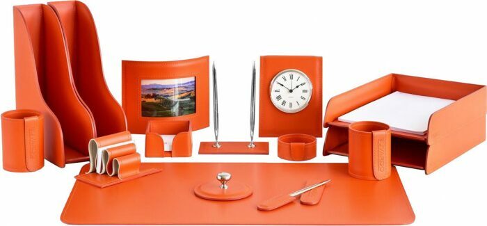 Настольный набор "Business Cuoietto" (цвет Orange, 15 предметов) с часами
