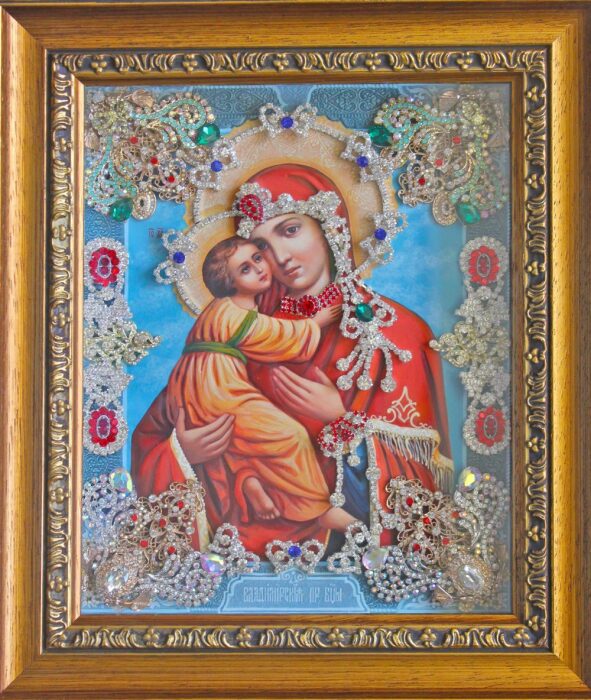 Икона с драгоценными камнями "Владимирская Богоматерь" с фианитами