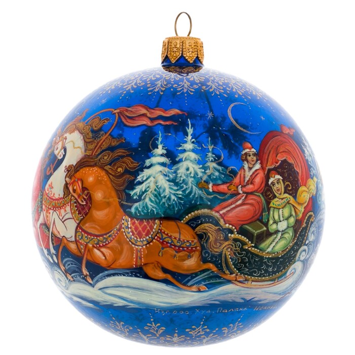 Ёлочный шар с круговой росписью, синий, Палех