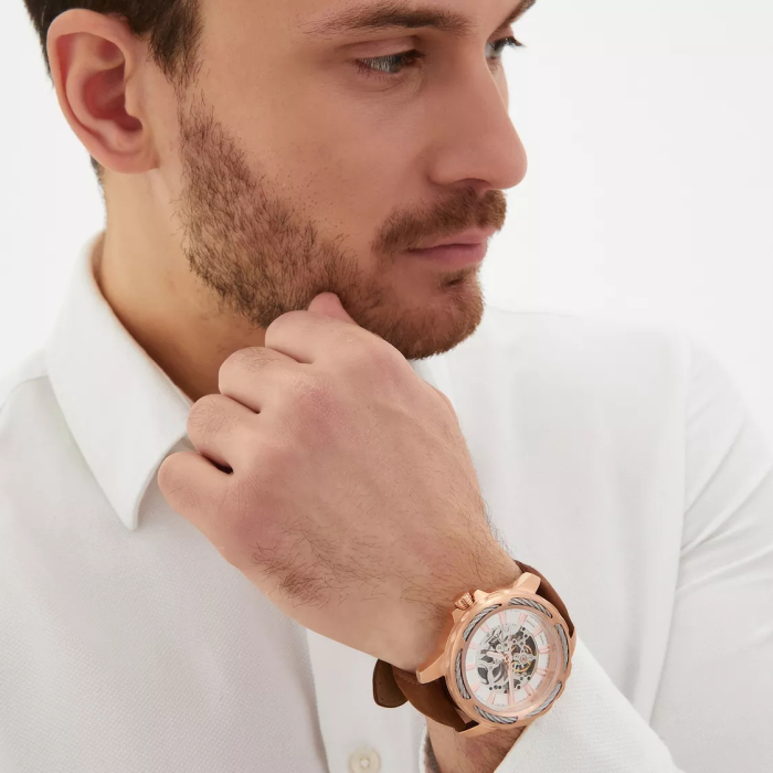 Наручные механические часы с автоподзаводом Mikhail Moskvin "Elegance" золотистые с коричневым ремешком