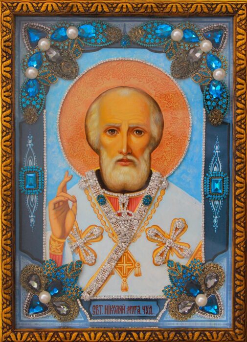Икона с драгоценными камнями "Николай Чудотворец" с жемчугом позолоченная