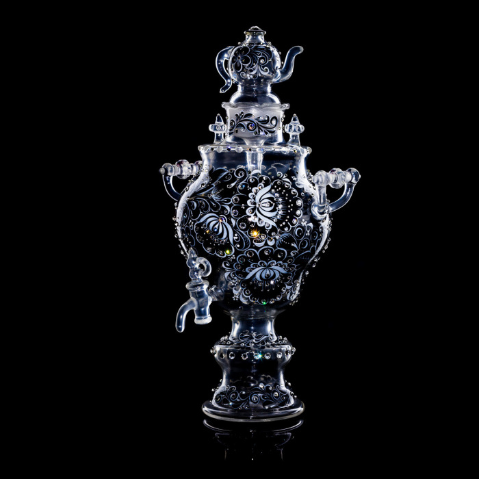 Самовар-медовница из стекла "Черный янтарь" со стразами Swarovski, Хохлома