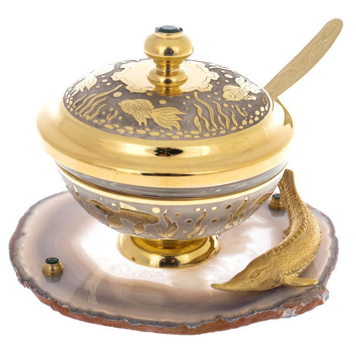 Икорница "Осетр" с ложечкой, позолота