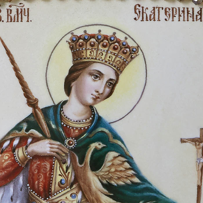 Вышитая икона "Великомученица Екатерина" в раме и киоте