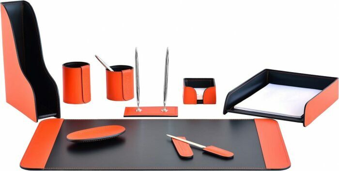 Настольный набор "Business Cuoietto" (цвет Orange-Choco, 9 предметов) с вертикальным лотком