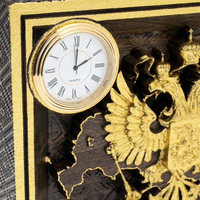 Панно из мореного дуба "Герб России" с часами и позолотой