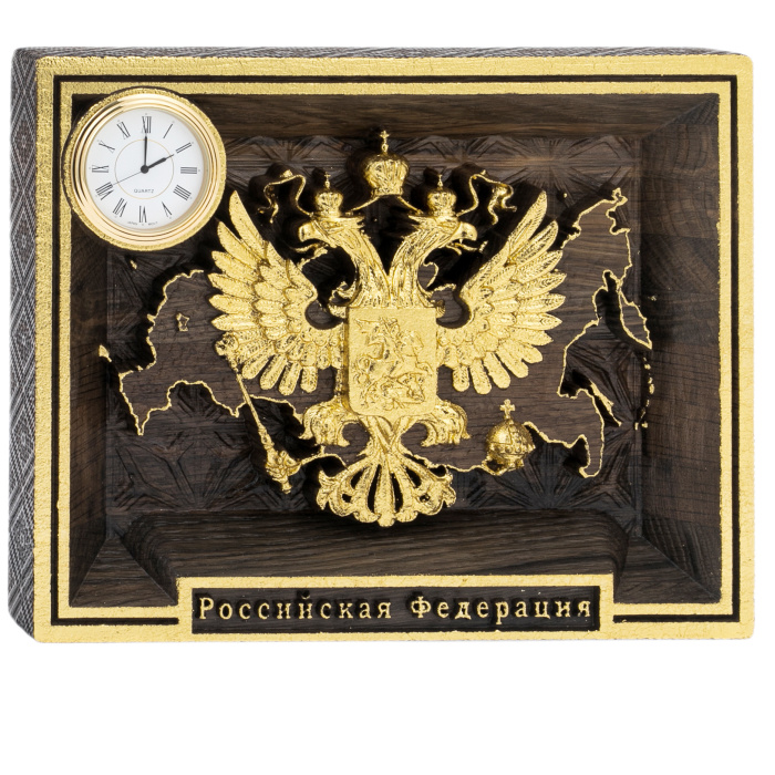 Панно из мореного дуба "Герб России" с часами и позолотой