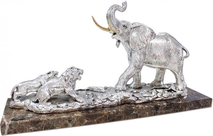 Скульптура "Слон и львы" посеребрение (Elephant and lions, silvering)