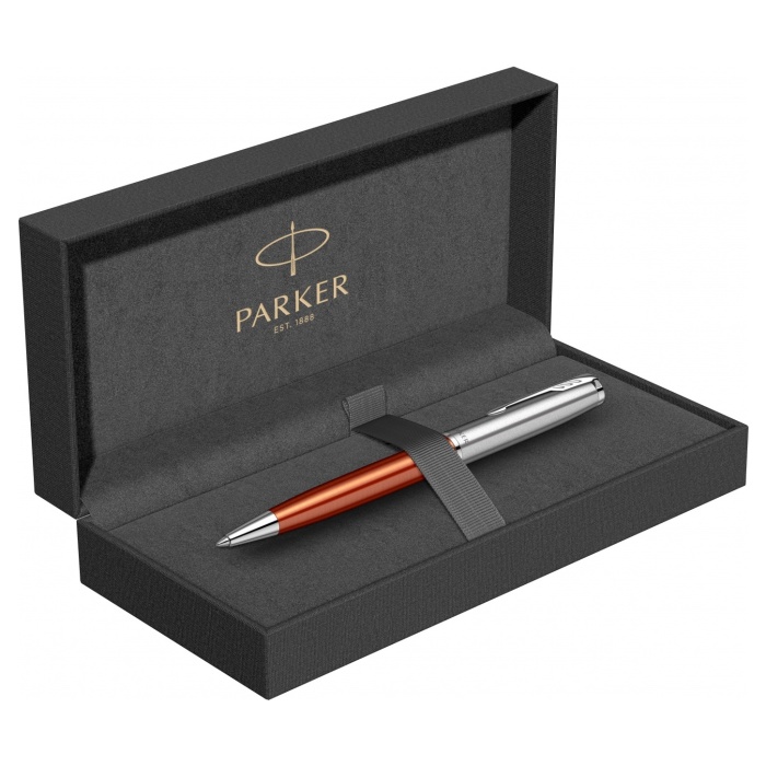 Шариковая ручка Parker Sonnet Essentials Orange SB Steel CT в подарочной упаковке.