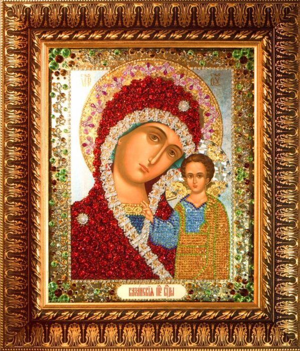 Икона с драгоценными камнями "Казанская Богоматерь" с ониксами позолоченная